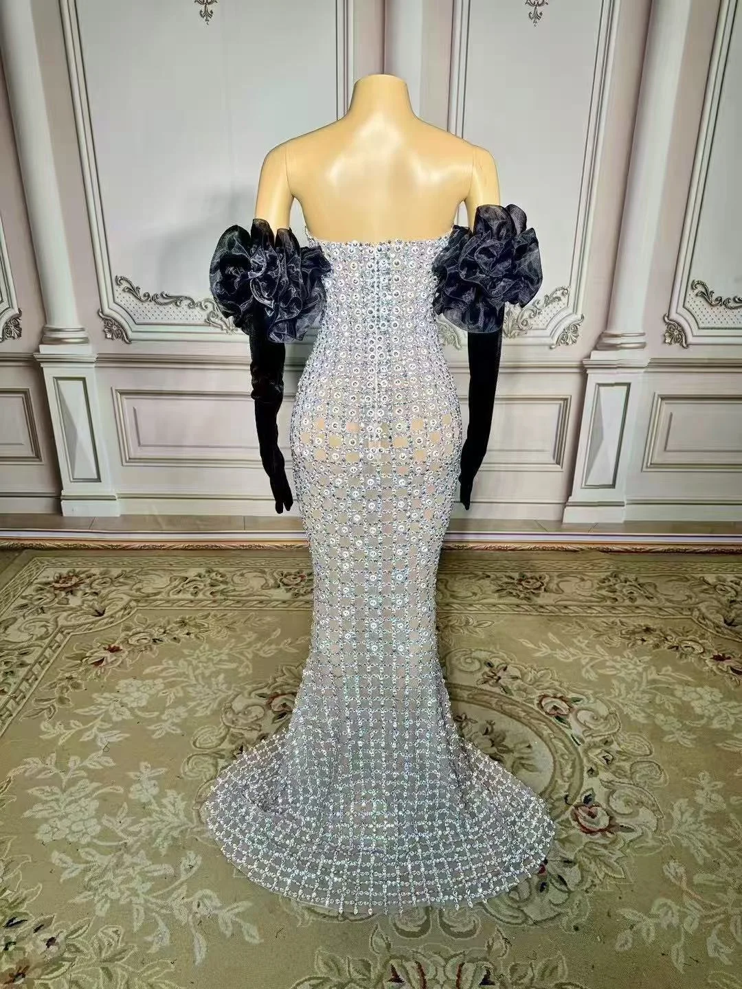 strapless open back dress Mermaid Strapless Sweep Train Sequins Prom Dresses