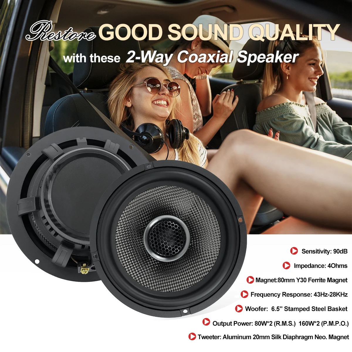Zeming 6.5 Inch 2-way Coaxial Car Speakers RMS Power 80W*2 Car Audio Speaker for Rear Door