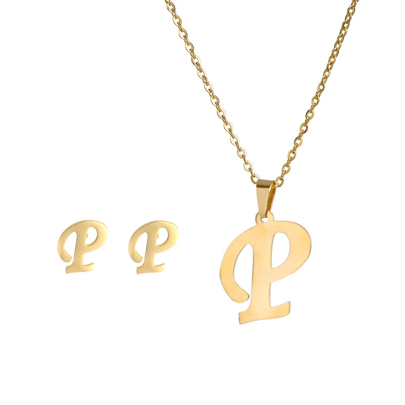 Trendy Product Custom Letter P Initial Costume Pendant Jewelry Fashion Stainless Steel Dubai 18 Carat Gold Plated Jewelry Set
