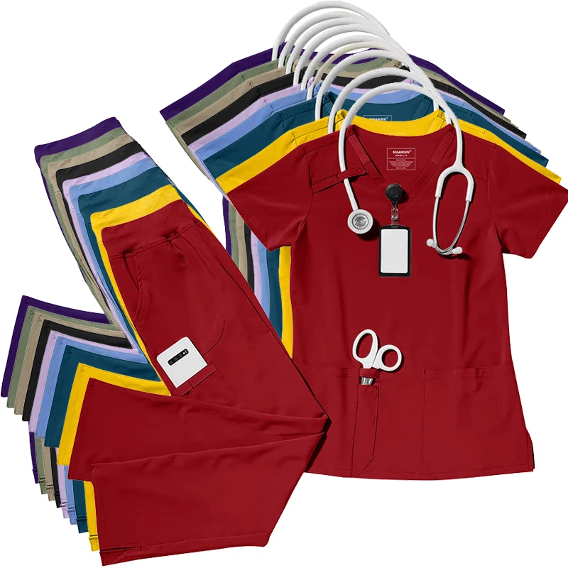 High Quality Fashion Medical Uniform Scrub Sets V Neck Surgical Hospital Uniforms Sets Beauty Salon Straight Pants Scrubs Suits