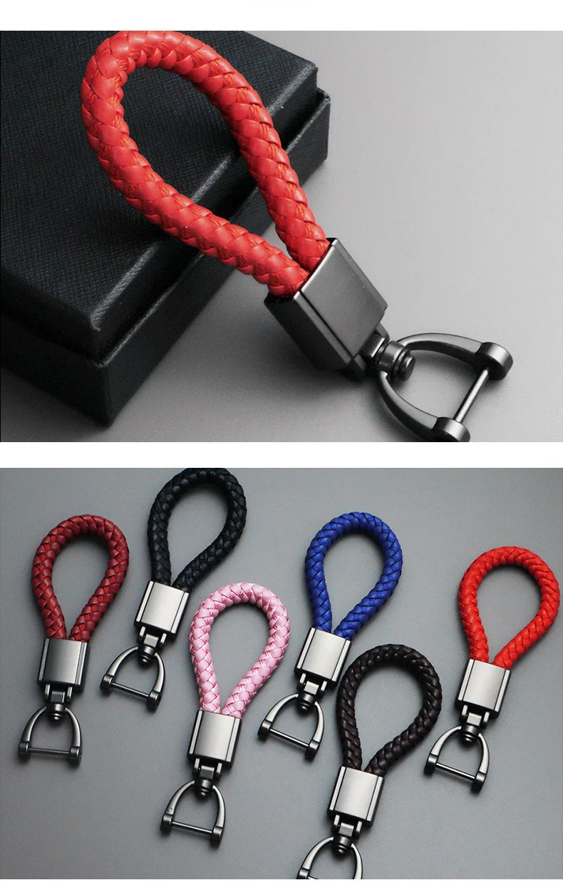 Braided Pu Leather Car Fob Keychain Metal Keyring Woven Strap Rope Key ...