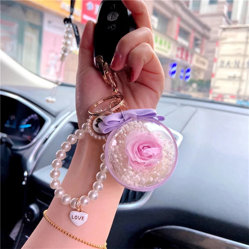 product factory wholesale preserved rose everlasting flower acrylic ball key chain for women girls car hanging valentines day gift-60