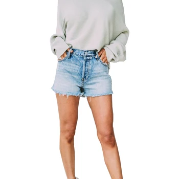 Spot lady cotton denim shorts high waisted  loose Straight ruffle pockets denim shorts for women