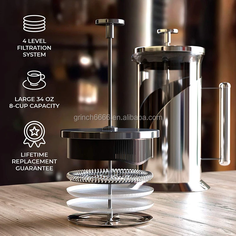 French Press Coffee Maker (34 oz) with 4 Filters - 304 Durable Stainless  Steel, Heat Resistant Borosilicate Glass Coffee Press, BPA Free, Brown 