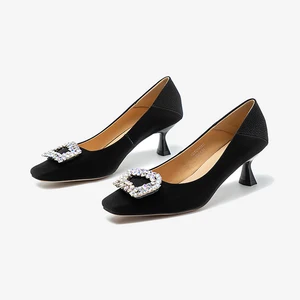 Women Black Suede Pumps Rhinestone Buckle Accent Sculpted Kitten Heel Luxury Office Dinner Party Daily Comfort Wholesale