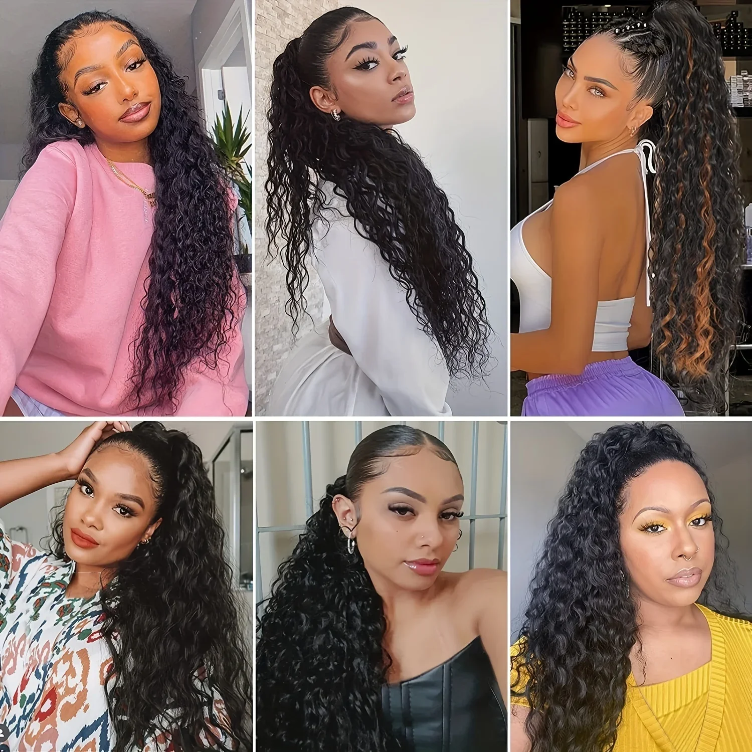 Deep Wave Human Hair Ponytail Extensions Natural Black Brazilian Wrap Around_voghion.com