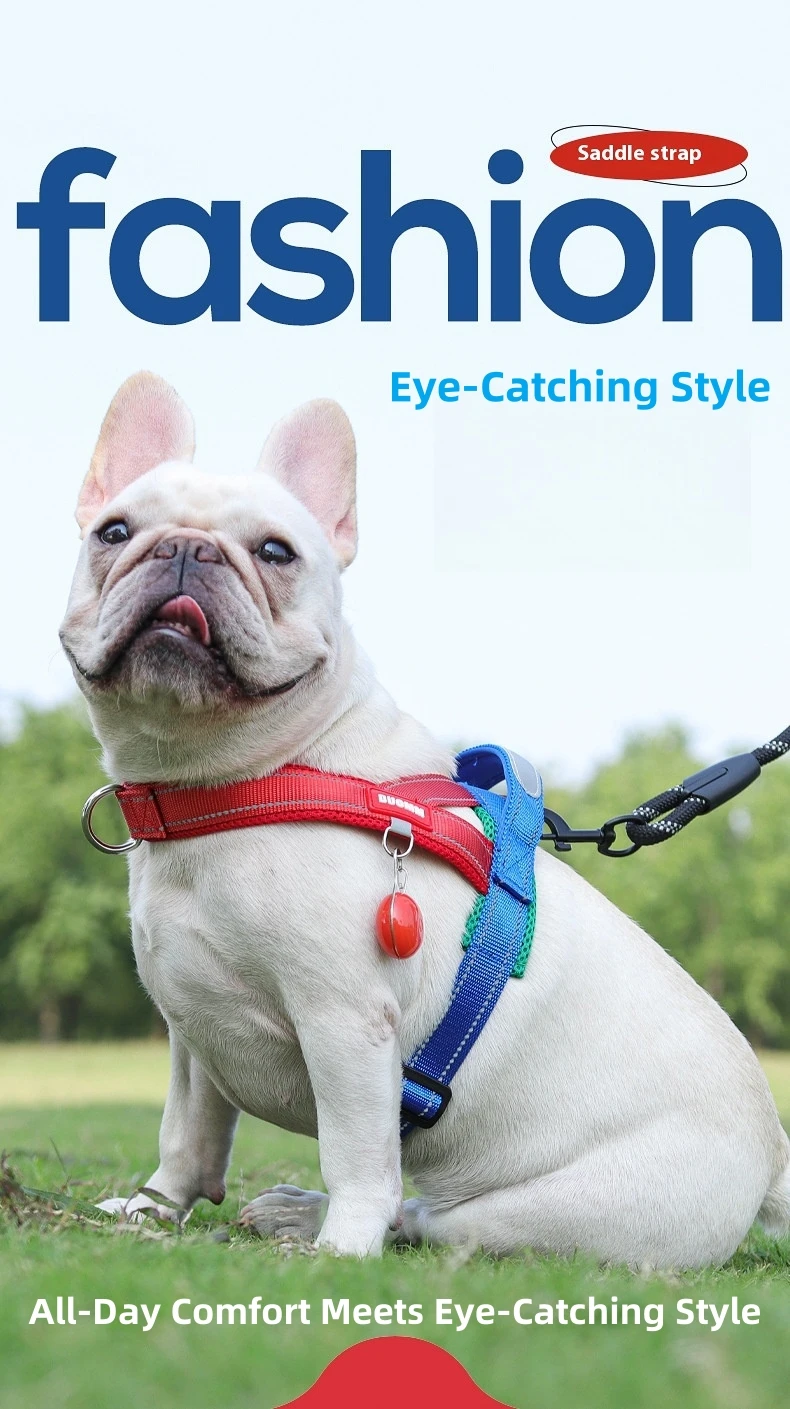 Fashionable Reflective Saddle Harness for Dogs Wide Polyester Color-Block Webbing No-Pull Design Comfortable Padded Chest Plate