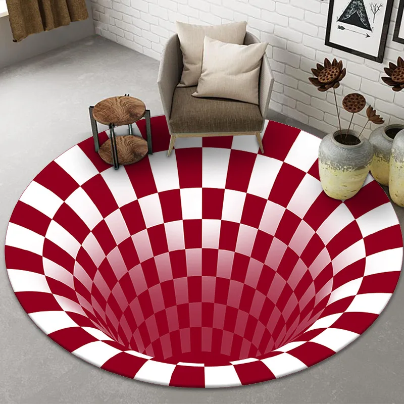 3D Visual Vortex Optical Illusions Floor Rug Black White Plaid Round Rugs for Living Room