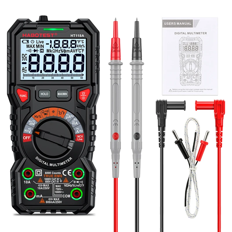 Kingsdun HT118A Professional Digital Multimeter with Test Probe Leads True RMS Auto Range Digital Multimeter Tester