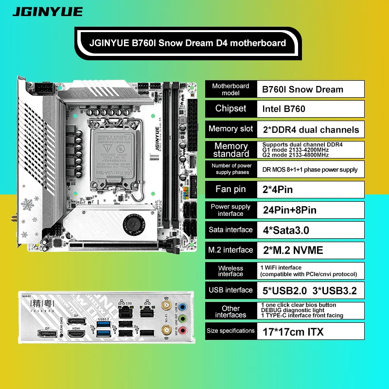 JGINYUE B760I Snow Dream Mini ITX DDR4 Motherboard for Intel 12th