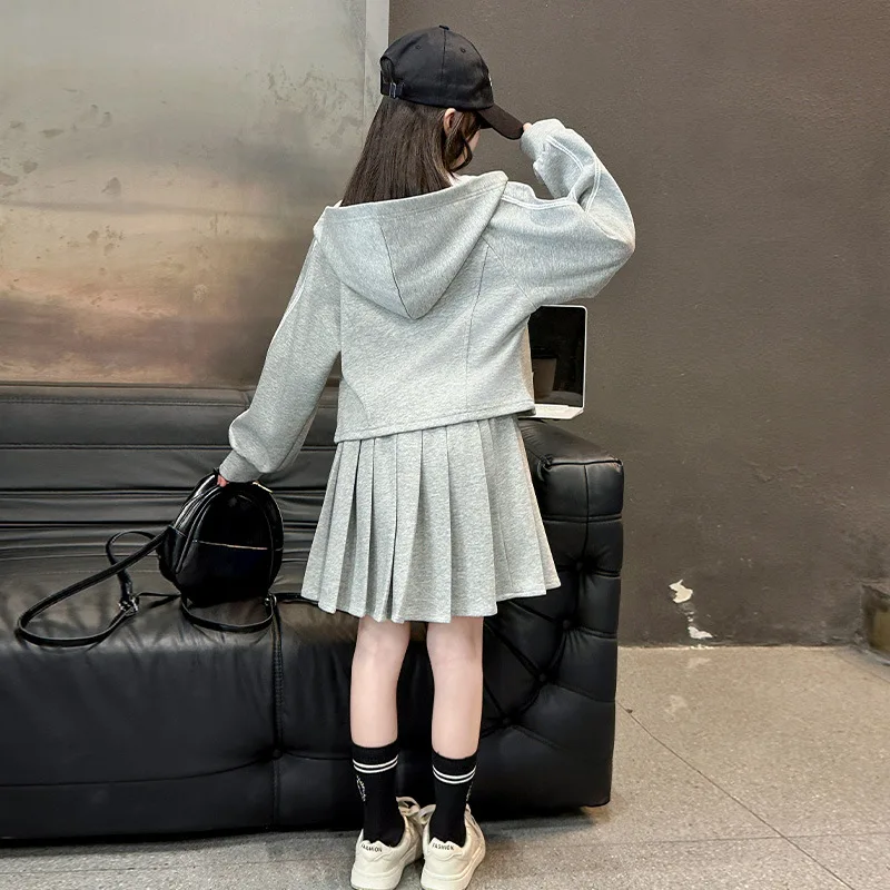2024 Girls Clothes Set for Fall - Gray Print Jacket & Skirt