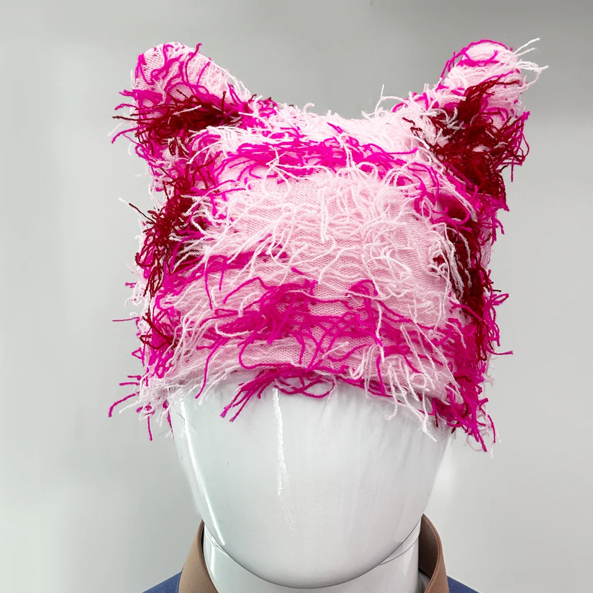 New Arrival Designer Custom logo Cat Ear Mask Ski Balaclava Jacquard Embroidery Distressed Winter Knitted Furry Y2K Beanie Hat