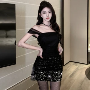 Dress with a square Neckline and a Sequined Skirt Creates a Glamorous and Stylish Look Perfect for Parties and Dance Outs