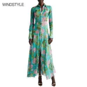 OEM/ODM Romantic Green Floral Print Long Dress Single-Breasted Elegant Long Lapel Sleeve Breathable Floor-Length