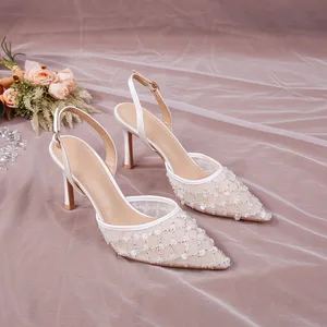 Romantic White Mesh Lace Bridal Heels Sequin Bead Detail | Lace-up Pointed Toe Summer Outdoor Wedding Shoes for Women Bridal