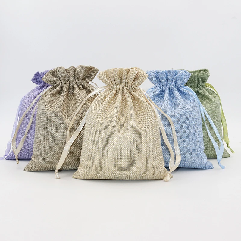 Custom Logo Linen Gift Bags Packing Jewelry Drawstring Pouch Linen Gift Storage Pouches Dust Bag
