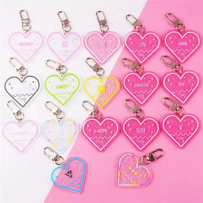 1PC Cute Women Keychains Acrylic Pink Heart Glitter Acrylic