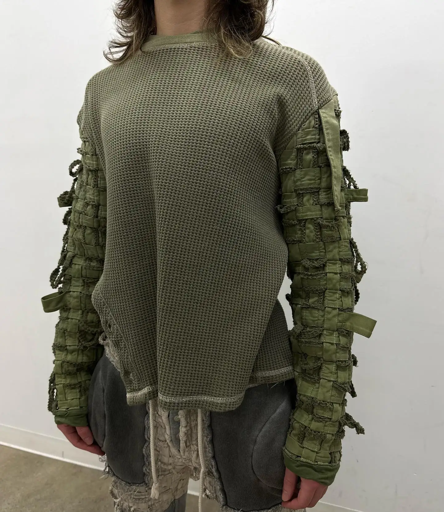 Salati Wholesale Boxy Thermal Longsleeve Waffle Knit Full Acid Wash Vintage Pullover Sweatshirt Full Long Sleeve T Shirt for Men