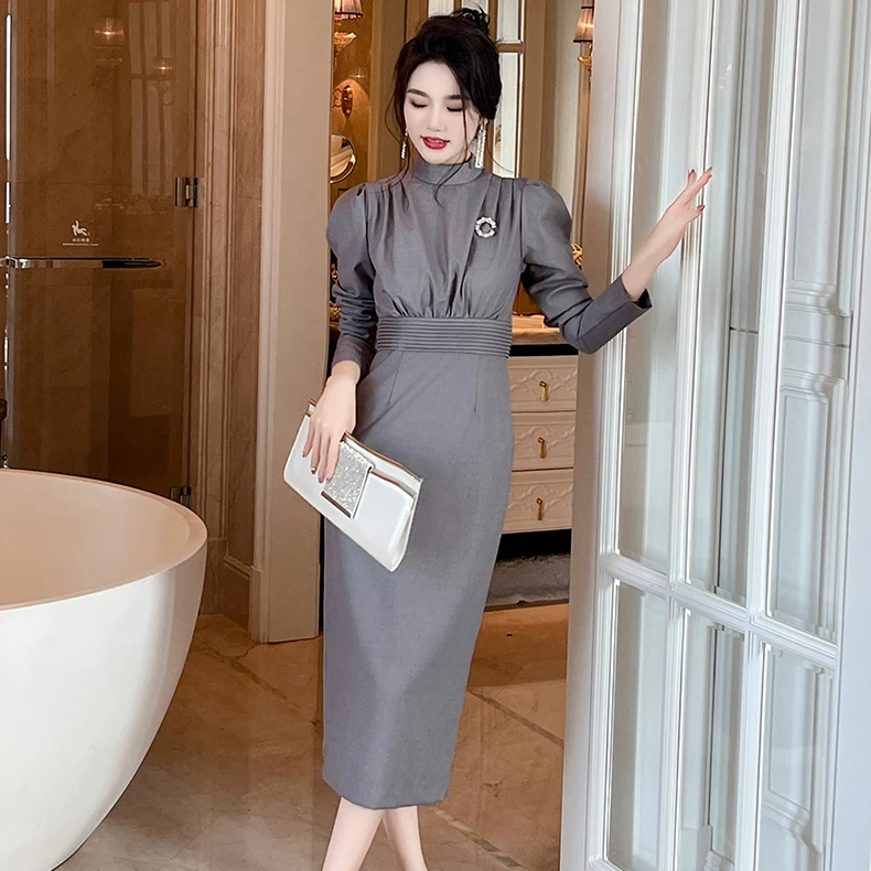 ZYHT 30571 Korean Style Business Occasion Crew Neck Women Pencil Dresses  Pleated Slim Waist Fall Winter Dress for Women