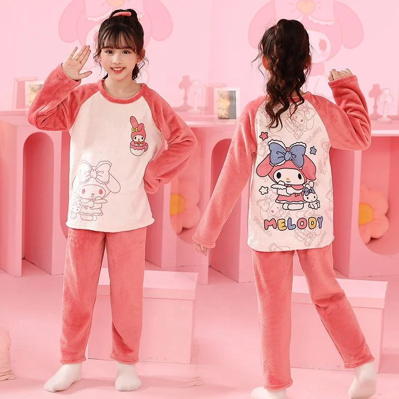 Sanrio Flannel Children Pajamas Set Anime Kuromi Cinnamoroll Melody ...