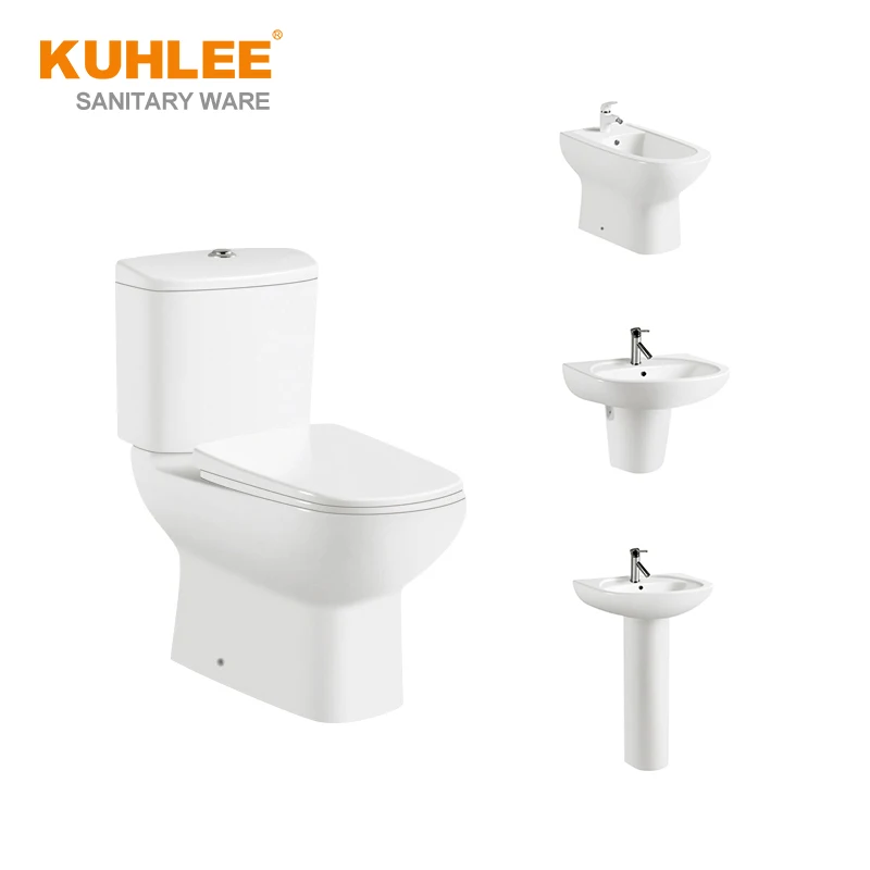 Two Piece Water Closet Ceramic Sanitary Ware Toilet Seat with Wash Basin Lavabo Sink Stand Pedestal Set