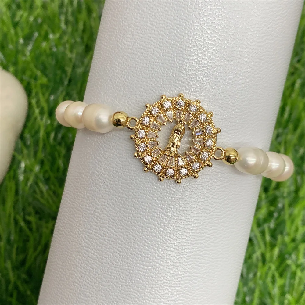 18K Gold Plated Micro Pave CZ Virgin Mary Charm Freshwater Pearl Beaded Stretch Bracelets for Women Religious Fashion Jewelry
