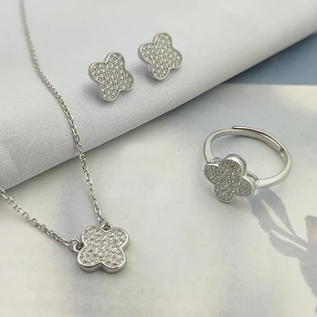 SZZ-008 White CZ Stones Four Leaf Clover Silver Jewelry Set 2021 Women's Jewelry Design