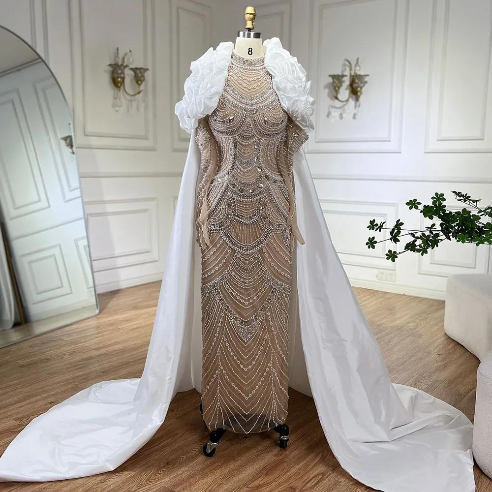 White Nude Pearls Luxury Beaded Evening Dresses With Cape Serene Hill  LA72091C Fashion Party Gowns for Women| Alibaba.com