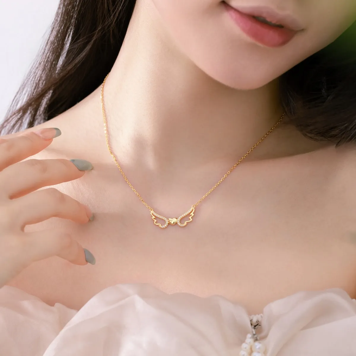 KAKODIY Vintage Bulk 5A Czirconium Oxide 18K Gold Necklace 925 Sterling Silver Wing Heart Pendant Necklace Women's Jewelry detail 1