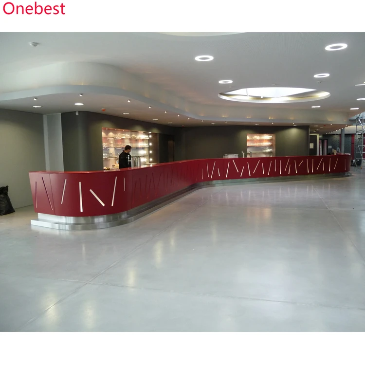 Dark Red Long Reception Desk Pictures Artificial Stone Wave Shape Hotel Lobby Service Counter for Sale