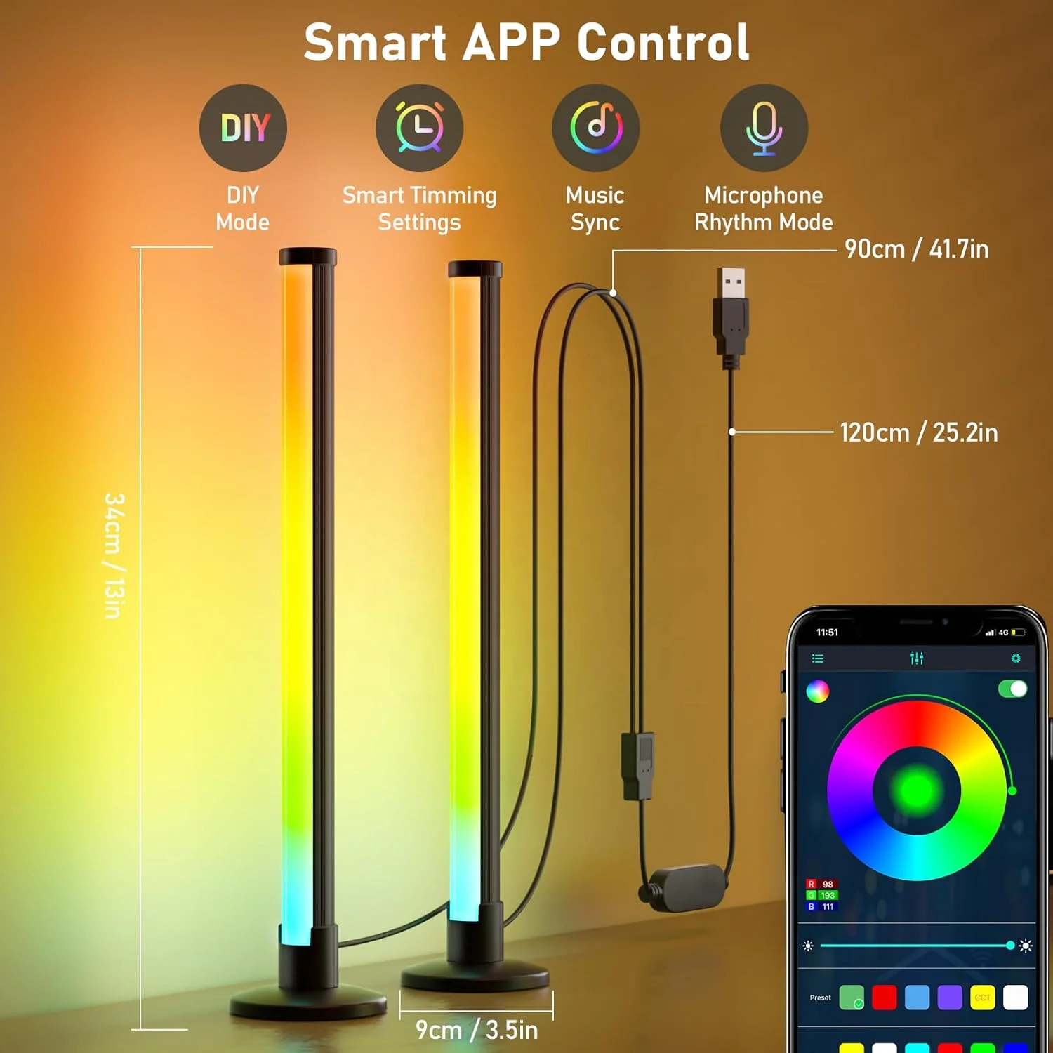 APP Control RGB Ambient Lighting LED Desktop Mood Light with Dynamic Effects and Music Modes Sync for Movies PC TV Room Decor