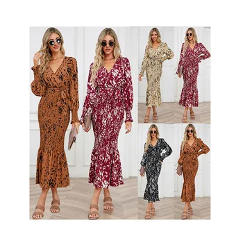 Elegant V-Neck Pleated Printed Long Skirt Fashionable Office Ladies Dress with Tied Line Frilly Summer Fish Tail Dress Vacation