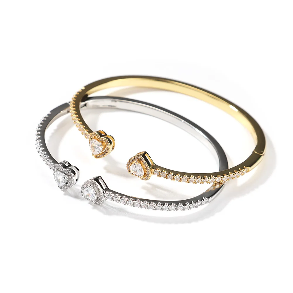 HipHopBraceletIcedOutBlingCZHeartBangleBraceletDoubleHeartAdjustableBangleforWomen