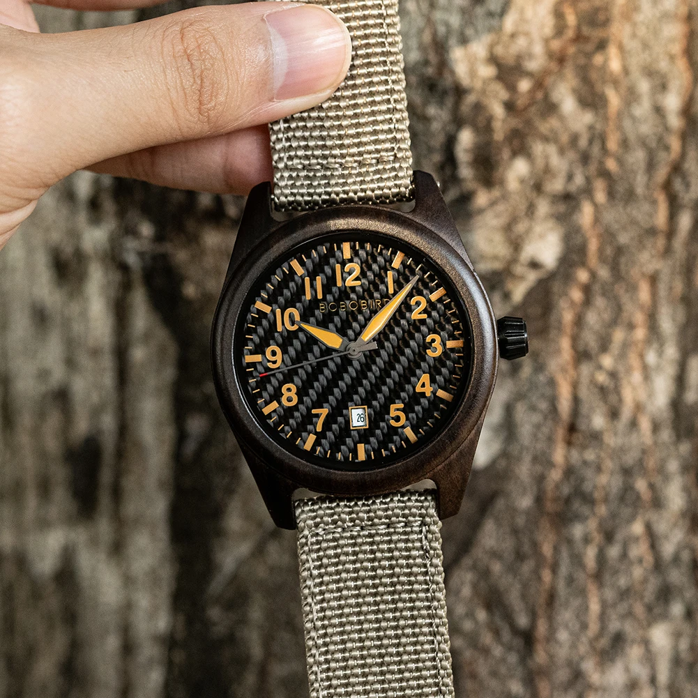 quickshipment High Quality Japanese Quartz Movement Carbon Fiber Pattern Dial Multicolor Optional Nylon Strap Quartz Wood Watch
