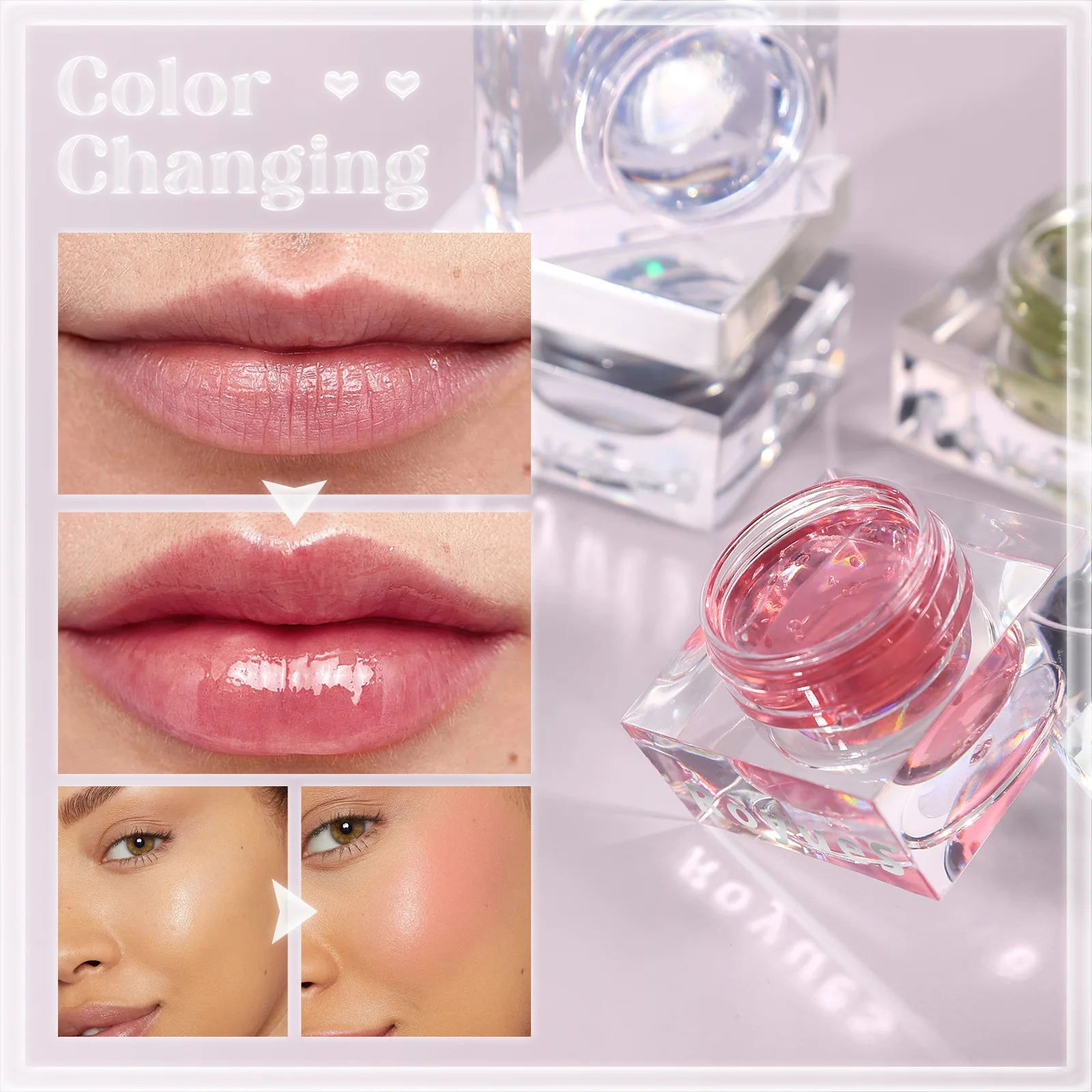 RoyueS Magic Color Changing Lips and Blush Glassy Multi Balm Moisturizing Water Light Lip Glaze Liquid Blusher Double Use
