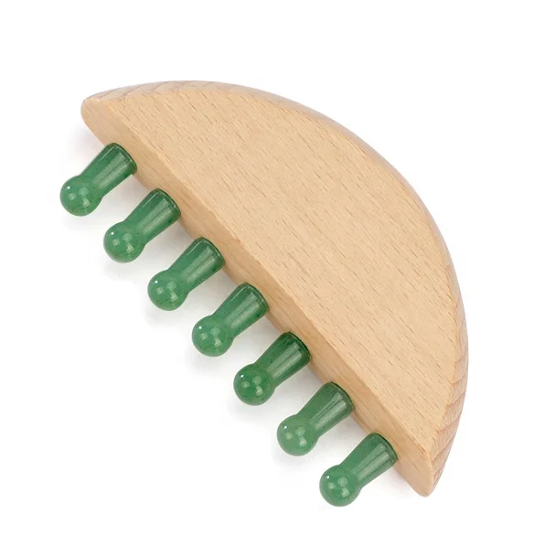 Custom Private Label Scalp Gua Sha Comb Wooden Handle Head Massager with Natural Stone Teeth for Massaging the Scalp