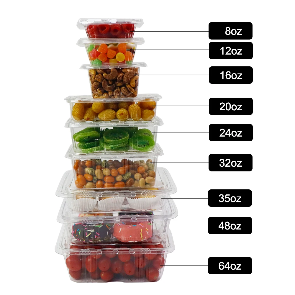 Custom 24oz Plastic Deli Containers Clear PET Hinged Lid Container Tamper Evident Proof Food Container with Flat Lid for Salad