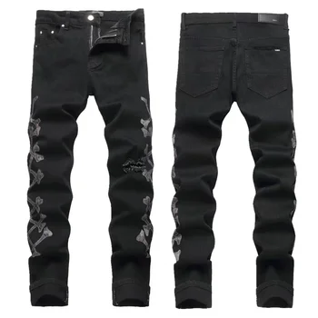 2024 new fashion brand slim stretch black ripped embroidery street fashion men's small feet jeans