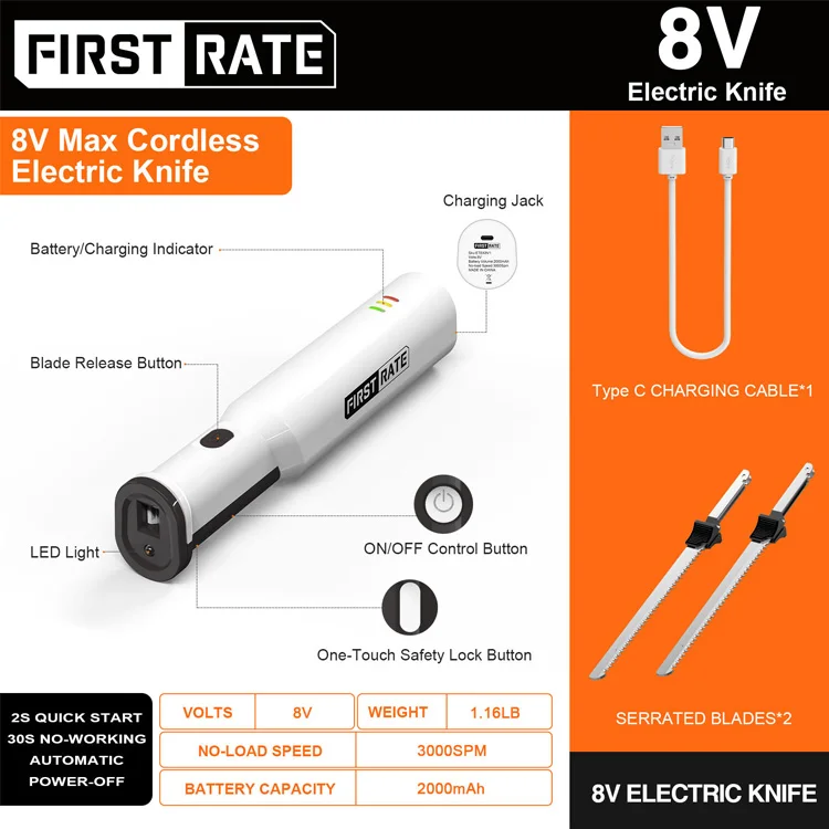 Customized 7.4V Rechargeable Electric Knife Durable Stainless Steel Cordless Bread Knives with CE