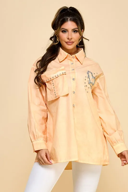 Ladies Cold Dye Single Pocket Heart Decoration Shirt - Image 3