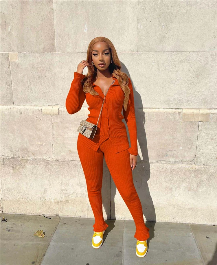 Fashion New Solid Color Two Piece Set For Women Long Sleeve Tracksuits 2 Piece Set Rib Women Two Piece Set
