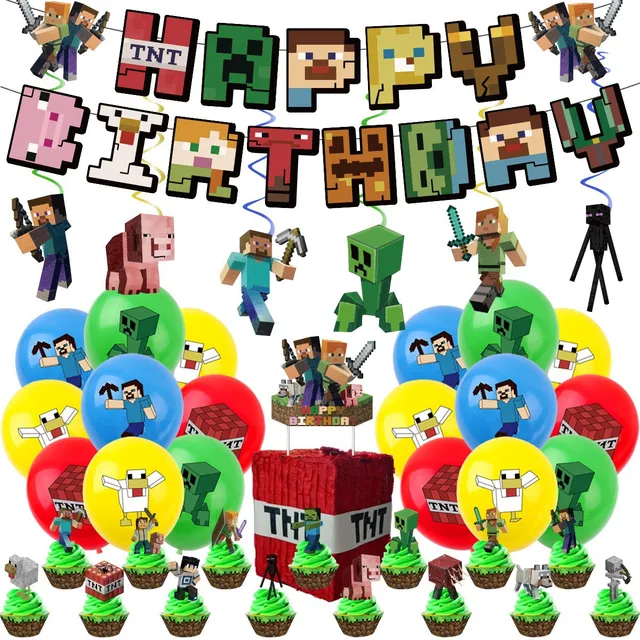 Cartoon themed balloons decoration birthday party supplies pixel style birthday banner gamer balloons cupcake toppers decoration