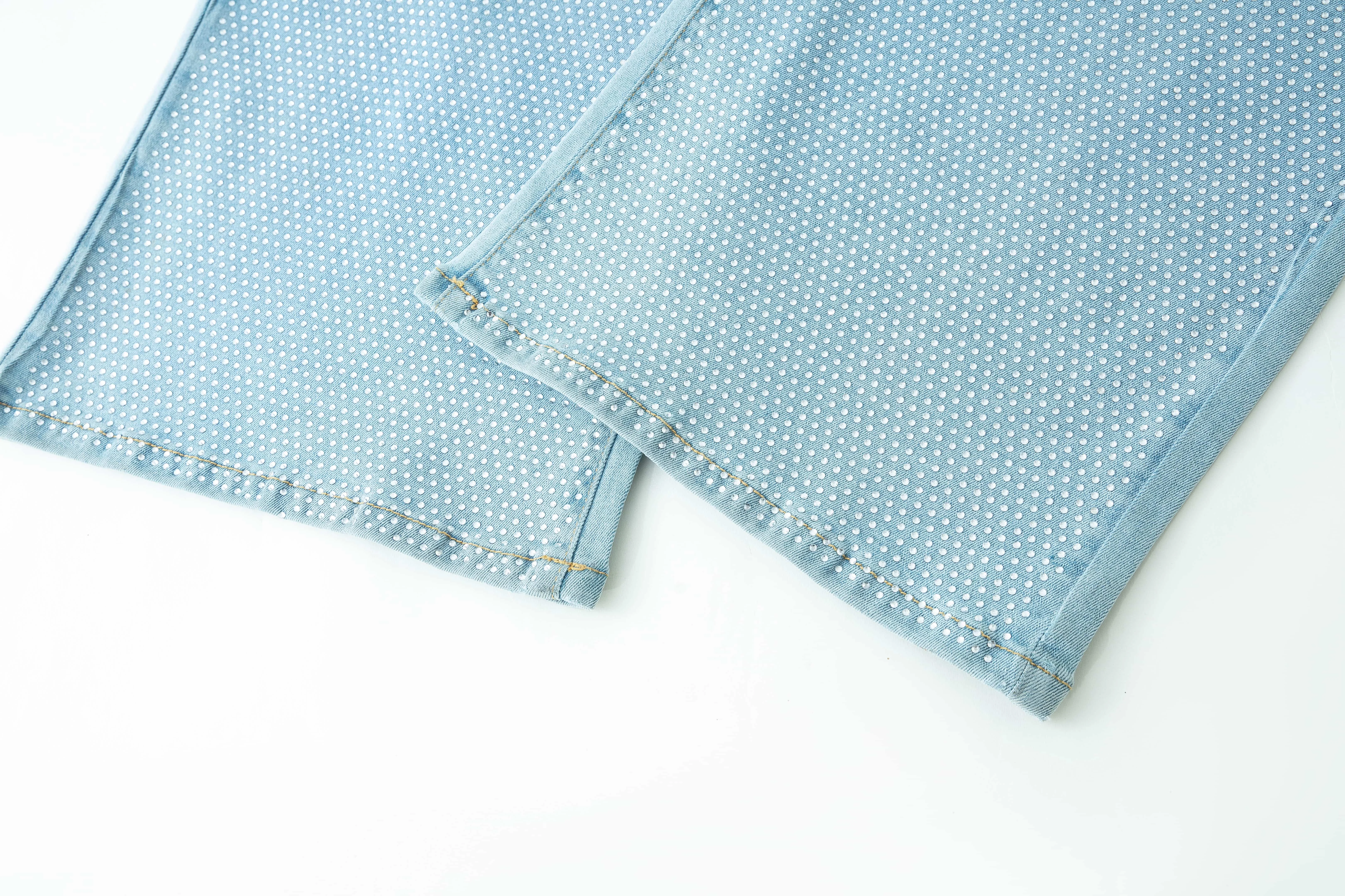 Custom Washed Washed Rhinestone Wide Leg Jeans Denim Pants Wide Leg Denim Jeans Baggy Women's Pants Women Jeans
