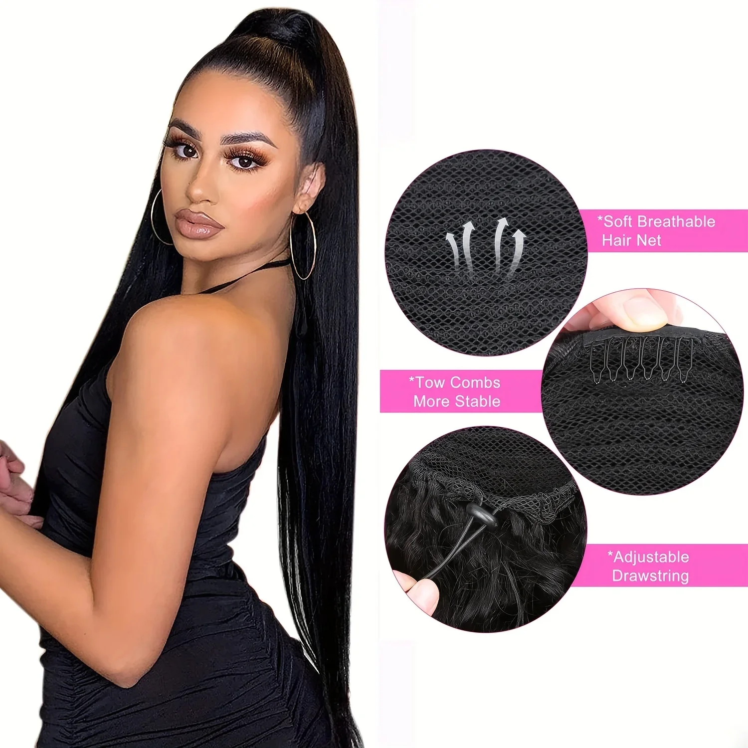 Dlouhé rovné prodlužování culíku s šňůrkou, lidské vlasy, omotávka, příčesky z culíku pro ženy, přírodní černá barva 1B_voghion.com