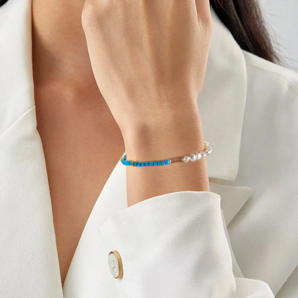 Rinntin MPB06 Asymmetrical Turquoise Freshwater Pearl Beads Chain Designer  925 Silver Bracelet for Women Gift for Her