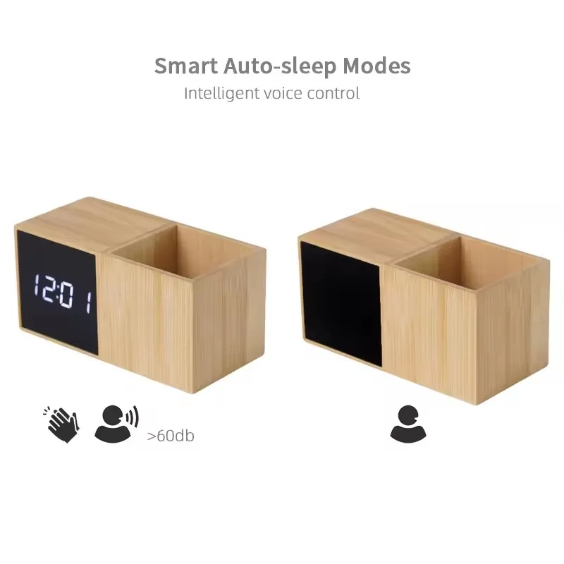 Durable Modern Design Bamboo Acrylic Mirror Surface Time Date Temperature Digital LED Wood Alarm Clock with Pen Holder