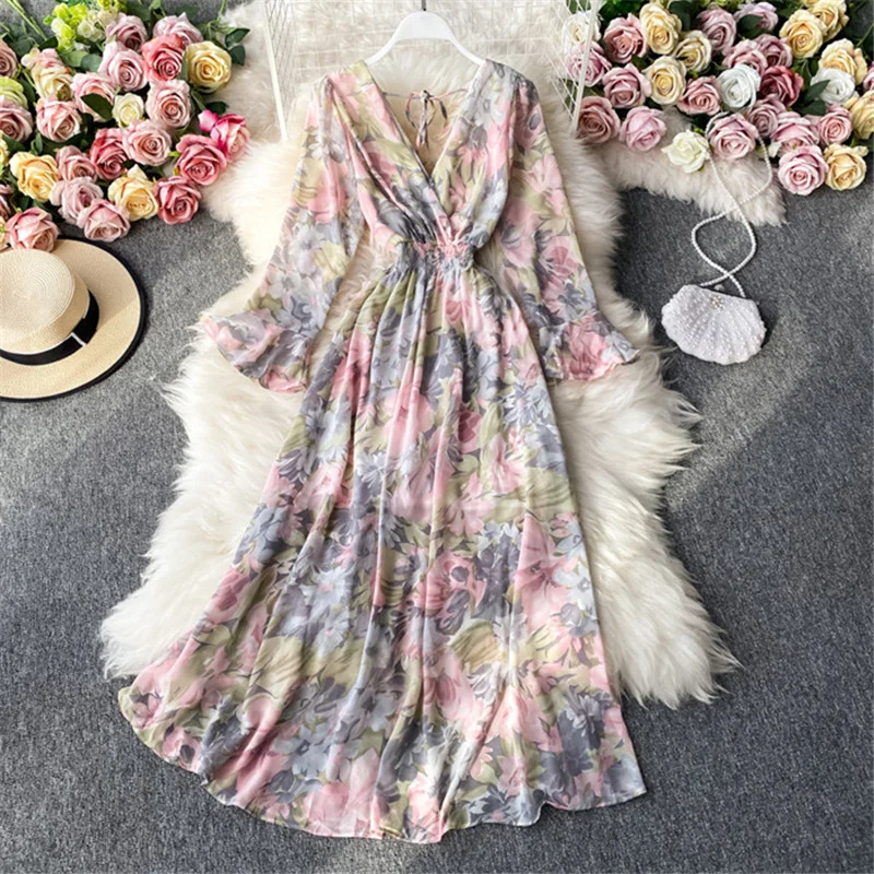 Korean Fashion Deep V-Neck Floral Print Long Sleeve Maxi Dress Women High  Waist Fairy Dresses Vestido Clothing 21-0300-1| Alibaba.com
