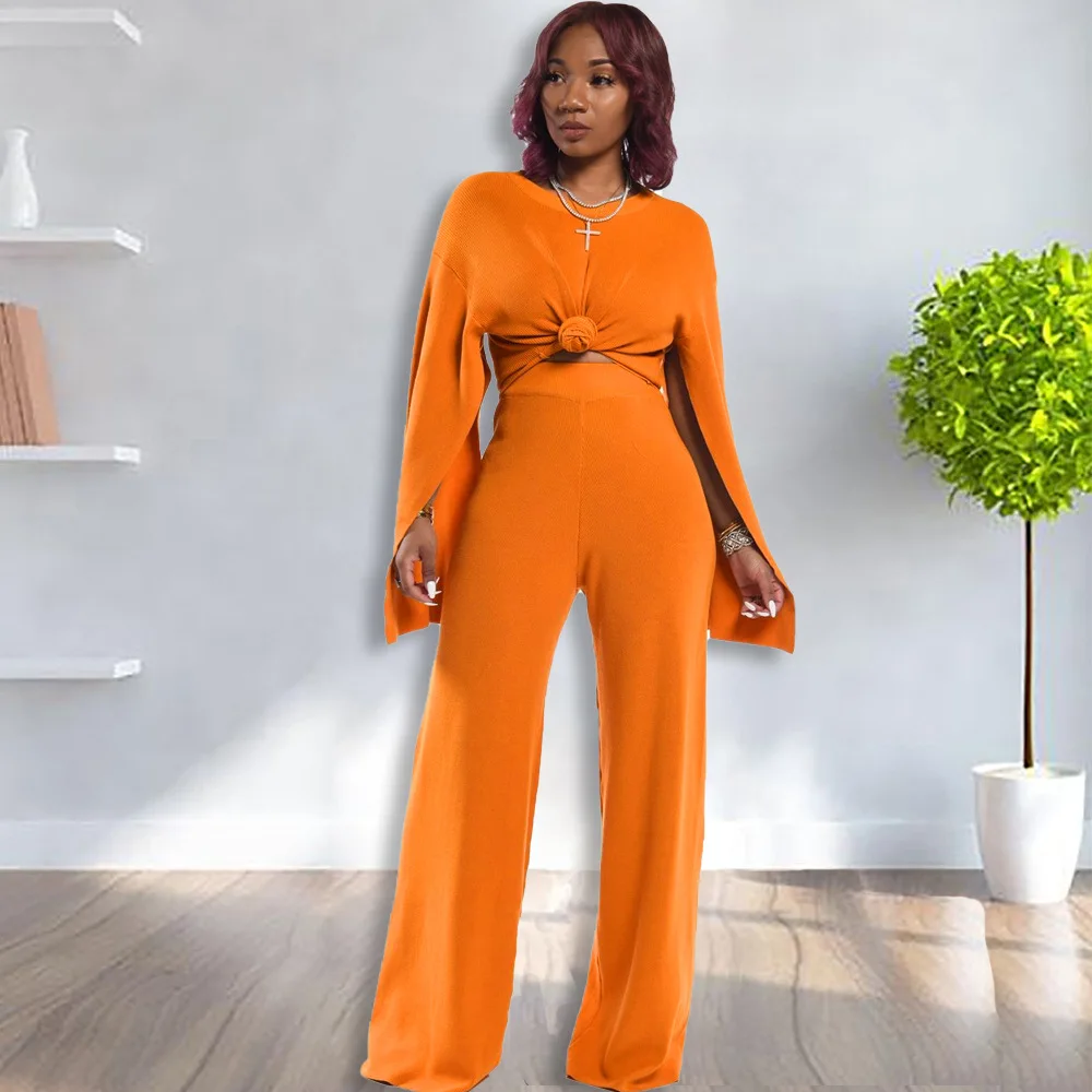 E5278 2021 New Arrival Wide Leg 2 Piece Pants Set Solid Color Long