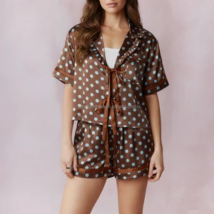 Satin Ruffle Collar Loungewear Polka Dot Contrast Trim Short Sleeve Top Shorts Comfortable Pajama Set Women
