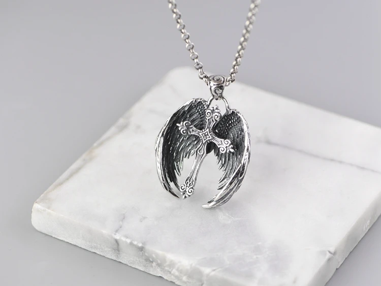 Authentic Chaoren Cross Retro Wings Feather Necklace S925 Sterling Silver Pendant for Men Women Hip Hop Style Fashion Jewelry